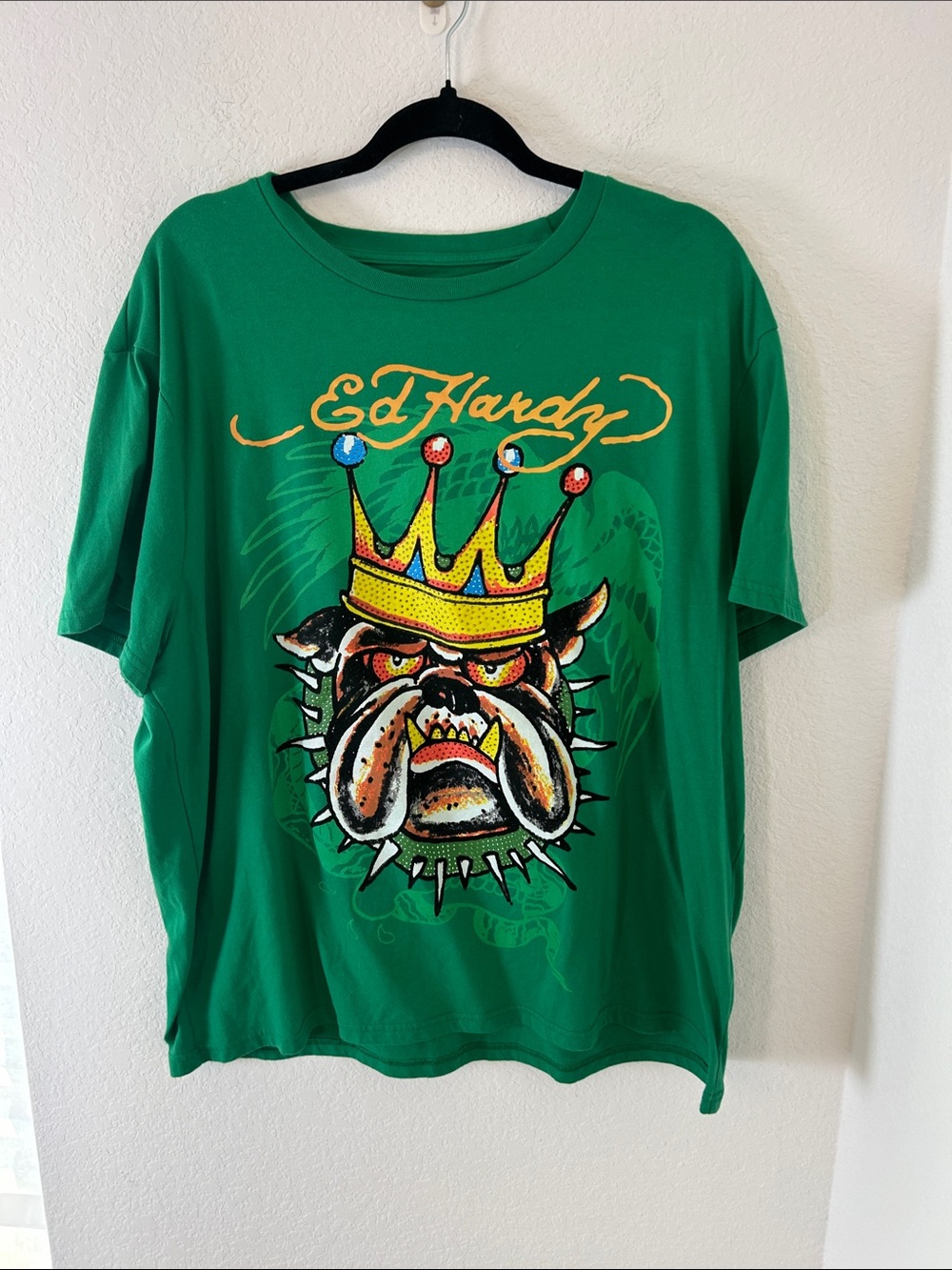 Ed Hardy Green Tee with Yellow Crown Bulldog Graphic men XXL